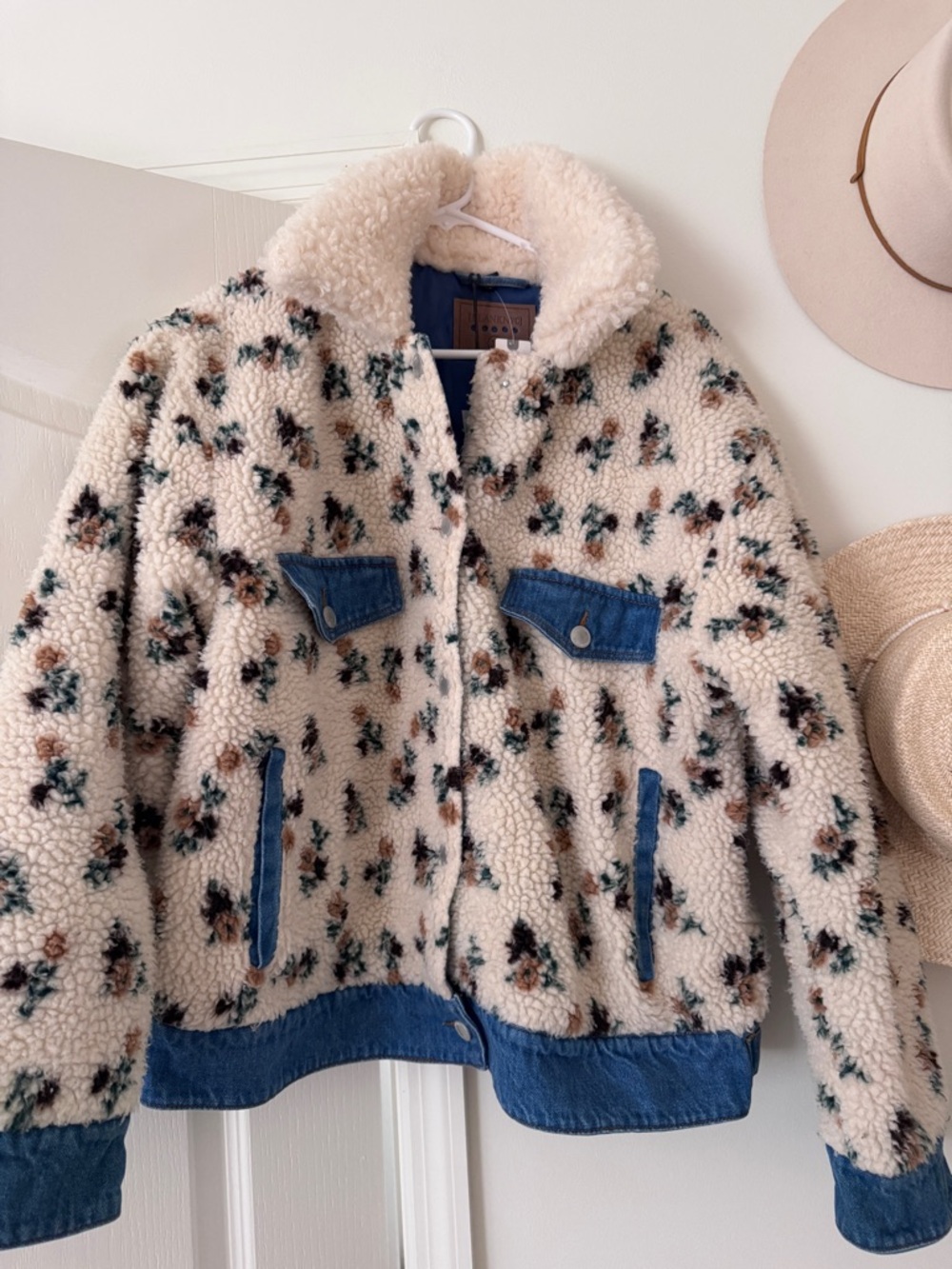 Blank NYC Ivory Sherpa Jacket with Blue Denim Trim